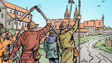 Illustration von aufgebrachten Bauern, die ihre Werkzeuge vor Stadtkulisse in den Himmel recken © Kulturamt Kempten_Illustration_Roger Mayrock