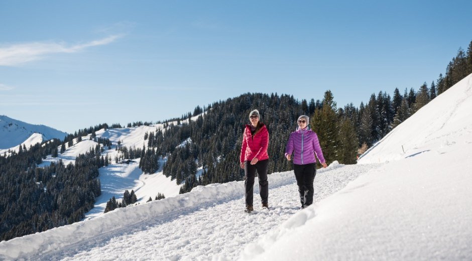 Winterwanderer auf dem Höhenweg zum Berghaus