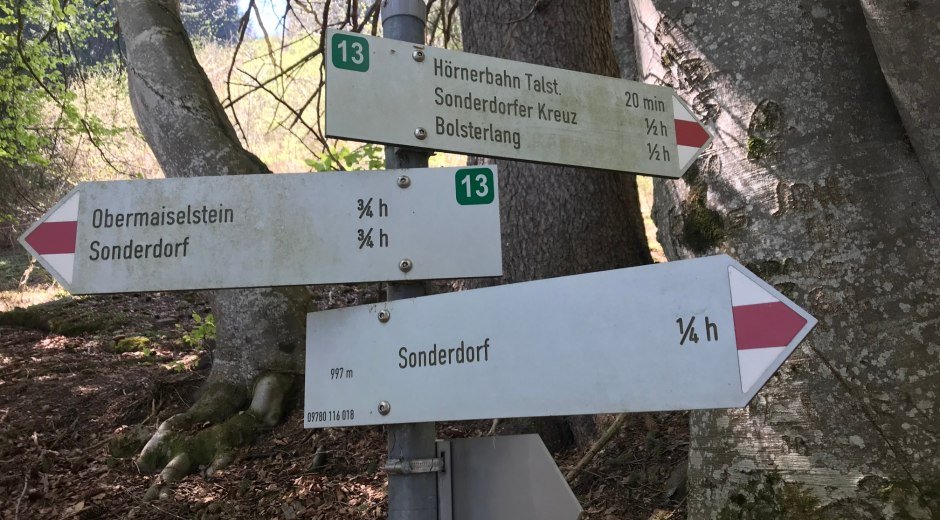 Wegweiser Richtung Hörnerbahn Talstation, Sonderdorfer Kreuz, Bolsterlang