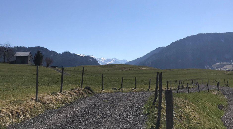 Ein gut präparierter Weg führt über Felder nach Oberdorf
