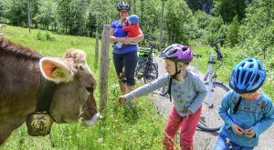 Kinder und Eltern mit Kühen am Weidezaun nach einer Radtour. © Alexander Rochau