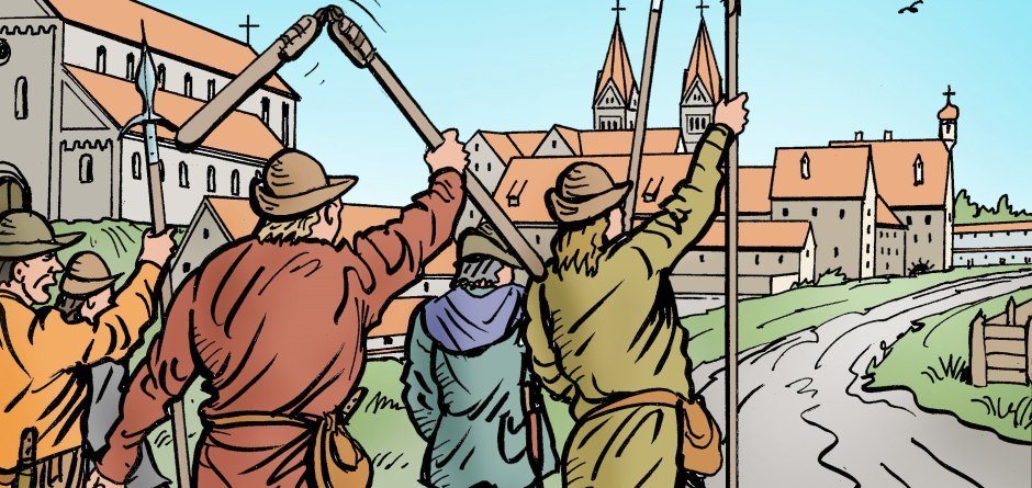 Illustration von aufgebrachten Bauern, die ihre Werkzeuge vor Stadtkulisse in den Himmel recken © Kulturamt Kempten_Illustration_Roger Mayrock